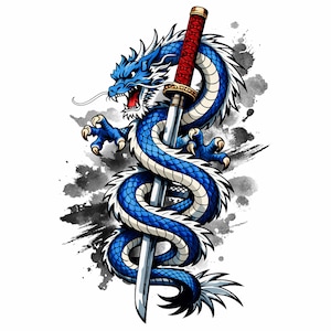 May include: An illustration of a blue dragon coiled around a katana. The dragon has white detailing and is set against a backdrop of black and grey ink splatters. The katana has a red handle.