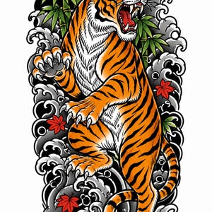 Peut inclure: Illustration vibrante d'un tigre en mouvement, avec des rayures orange et noires, la gueule ouverte et des griffes acérées. Le tigre se détache sur un fond de bambous, de vagues stylisées et de feuilles d'érable rouges, créant un design audacieux.
