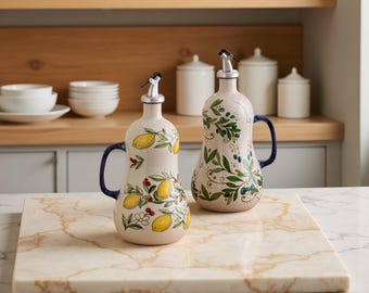 Handmade Ceramic Oil Dispenser Bottle with Handle, Hand Painted Lemon Olive Vinegar Cruet,Housewarming Gift for Her