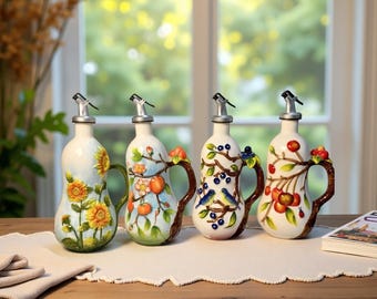 Hand Painted Ceramic Oil Dispenser Bottle: Sunflower, Berry, Cherry Designs
