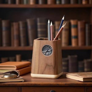 May include: A wooden pencil holder with a deer emblem, holding several pencils. The holder is a warm brown color with a light-colored base. The pencils are various colors, including blue, gray, and brown. The background includes books on a shelf.