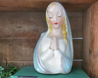 Vintage Mother Mary Bust - Vase - Madonna planter - Virgin Mary ceramic figurine - praying Virgin Mary - Vintage vase - air planter - ferns