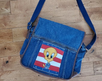 Vintage 1998 Official Looney Tunes Denim Bag - tote bag, purse, cross body bag - Tweety Bird - Vintage Denim - Vintage Tweety Bird -book bag