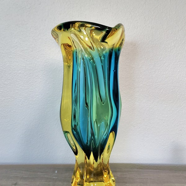 Bohemian Czech Republic Vintage Glass - art glass vase - heavy - Mid Century- Josef Hospodka glass - yellow and blue vase - Murano style