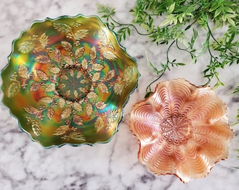 Set of 2 Fenton Carnival Glass Dishes -Green Holly & Berries Fenton Ruffled Edge Bowl - Peach Peacock Tail Fenton- Carnival Glass Iridescent