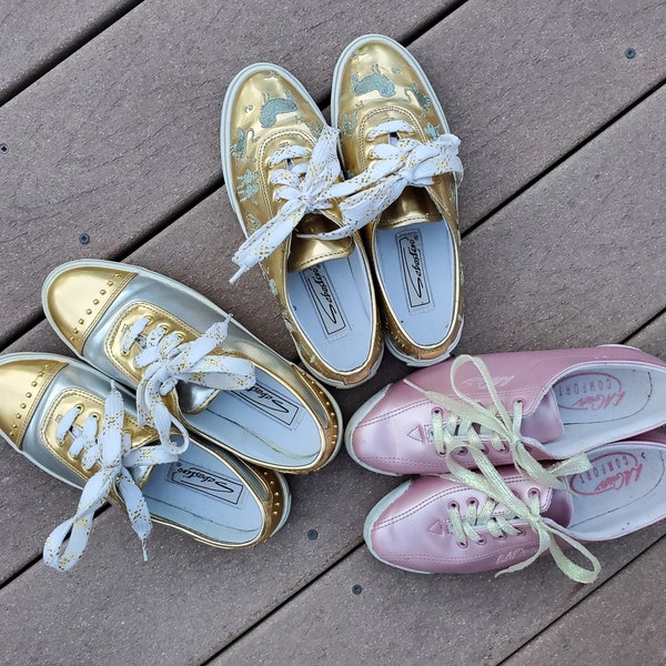 Set of 3 Pairs of Vintage Sneakers - LA Gear, Sebastino Shoes - SZ 6 - Vintage Pink Shoes - Gold tennis shoes - zodiac sign sneakers - 80's