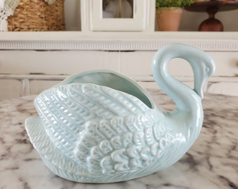 Vintage Swan Planter - pale blue swan vase - Vintage ceramics - pottery - Bathroom storage - nursery - air planter - Sponge Holder - Office