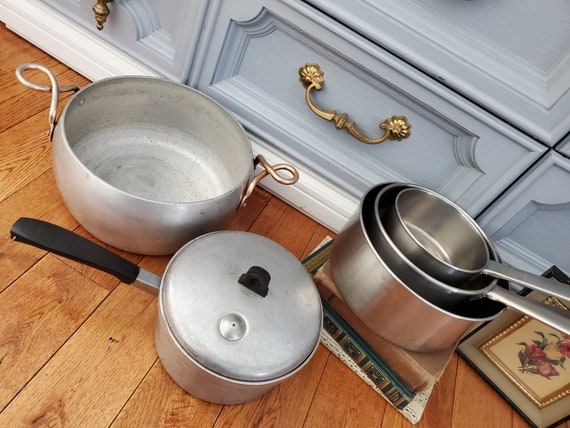 Set of 5 Various Mid Century Pots, Saucepans, Cooking Ware Regal Supreme  Stainless Ware 1927 Atomic Wear-ever Aluminum Vintage Pans 