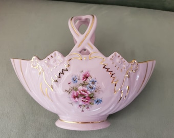 Leander 1946 14K Gold Porcelain Basket - Vintage Bohemian China - Pink floral basket - hand painted China- Easter, Spring, Hutch, Candy dish