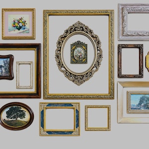 May include: A collection of various wall frames in different shapes, sizes, and finishes, including ornate gold, dark wood, blue, and white frames. Some frames contain landscape or floral paintings, while others are empty, arranged in a gallery display.