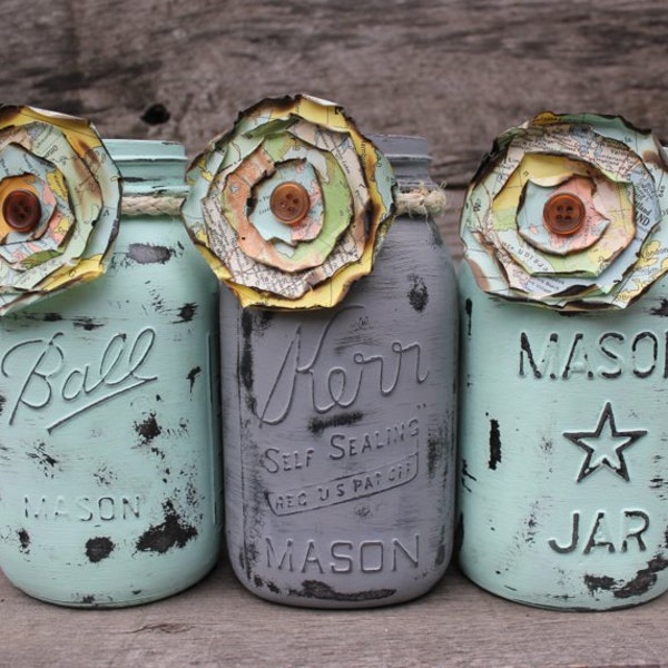 Trio of Painted Mason Jars - Antique Jars - Paper Flower Decor - Mint/Aqua Decor - Grey Mason Jar - Vintage Maps - Atlas - Map Decor