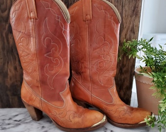 Vintage Women's Acme Cowboy Boots - SZ 6.5 Cowgirl Boots- Camel Leather - Tan Boot -Line Dancing- Western Wear - Country Girl Boots- Fashion