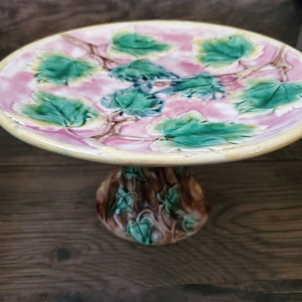 Antique Griffin Smith Hill Majolica Cake Stand - Ivy Leaves - Grape leaf design - 19th Century Etruscan Cake platter - pedestal stand