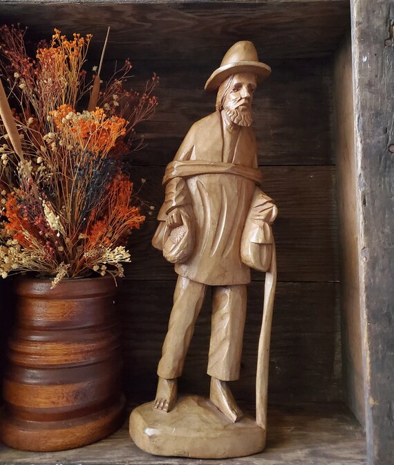 Vintage Folk Art Hand Carved Wood Statue Traveling Man | Etsy