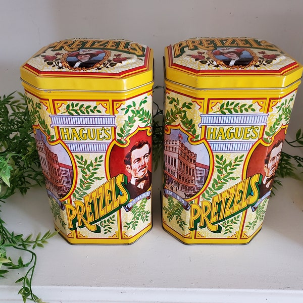 Pair of Vintage Hague's Pretzel Tin Boxes - Canisters - Octagon Tins - Est. 1898 - A.P. Hague - England - Vintage Decor - Pantry Storage