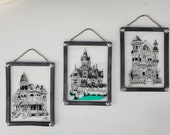 Set of 3 W. Berrie Ink on Glass Hangings - Vintage Art - Glass Art - Wallace Berrie Illustrations - Victorian Homes - Architecture - Signed