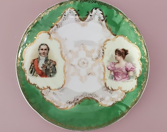 Antique Portrait Plate - Marechal Lefebvre & Madame Sans-Gene, Vienna Austria, 1800's Decorative Plate - Gold Gilt with green border