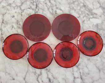 Set of 6 Vintage Ruby Red Saucers - Arcoroc France & Anchor Hocking - small plates - red glass - Vintage glassware - dishes - kitchen - dish