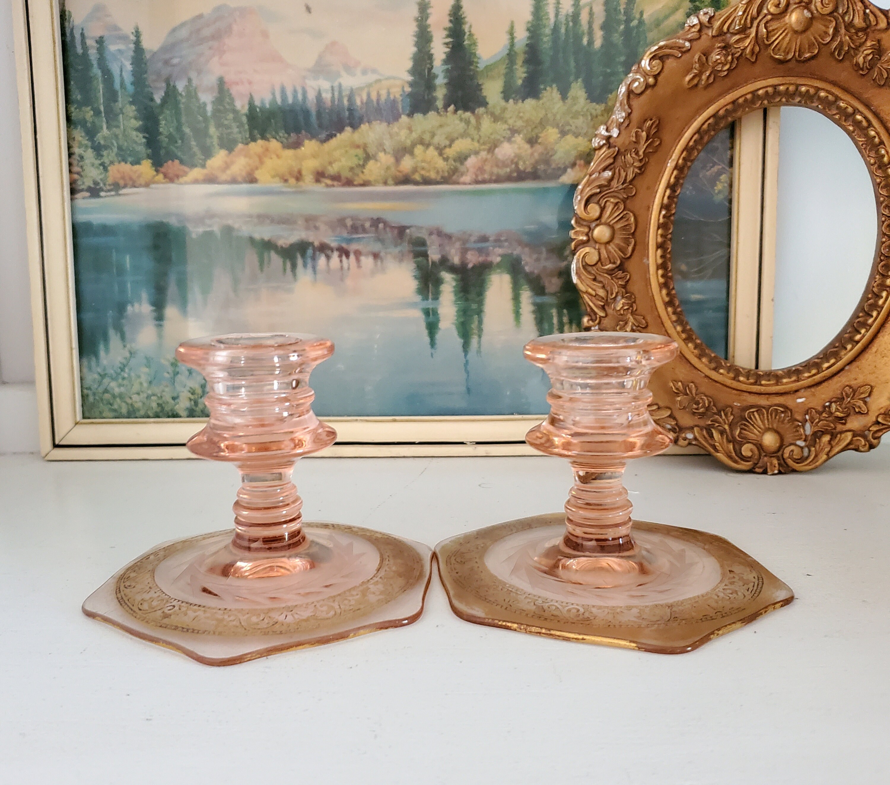 Pink Depression Glass Candle Holders With Etched Florals  Unique Vintage Pink Depression Glass Etched Candle Holders (Set of 2) display picture 1