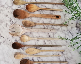 Set of 10 Vintage Rustic Wooden Spoons and Utensils - Farmhouse decor - Autumn Essentials - Thanksgiving tablescape - wood spoon set - fall