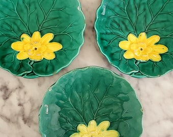 Set of 3 Vintage Majolica Lily Pad Plates with Yellow Flowers - Georg Zell - Made in Germany - Numbered, Maker's Stamps - lotus flowers