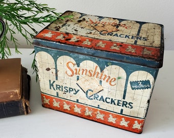 Vintage Sunshine Saltine Crackers Tin - Cracker box - Metal Tin - Vintage Decor- rusty metal box - Krispy Crackers advertisement - red blue