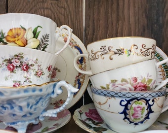 Set of 9 mismatched Tea Cups and Saucers - Vintage China - porcelain tea cup and saucer - wedding - tea party - garden party - bridal shower