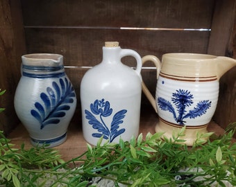 Vintage Pottery - Set of 3 - Jug and two Pitchers - Clay Pottery - Gres De La Roche - East Knoll Yellow pitcher - Pfaltzgraff Yorktowne Jug