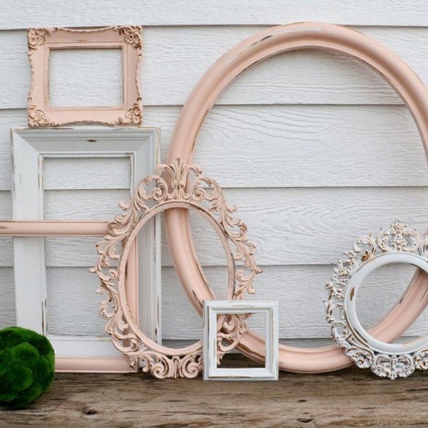 Set of 7 Open Frames - White, Blush Pink, Gold accents - Wall Gallery - Nursery - Wedding - Vintage Frames - Frame Set - Scatter Frames Oval