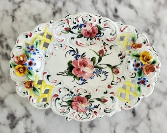 Vintage Italian Pottery Plate - Floral Dish - Lattice Design - raised relief flowers - Vintage Dish - platter - hand painted - Made in Italy