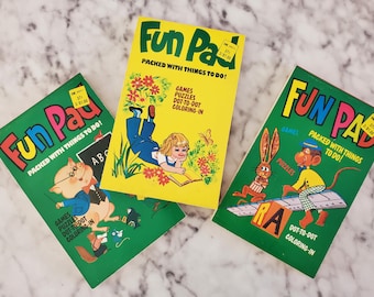 Nouveau vieux stock - lot de 3, livrets de blocs-notes amusants des années 1970 - blocs d'activités - pages à colorier, relier les points, résoudre des casse-tête