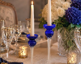 Vintage Romanian Crystal Candlesticks Set of 2, Cobalt Blue Cut Crystal, Tall Glass Candle Holders - Tulip Stems - tapered candle holders