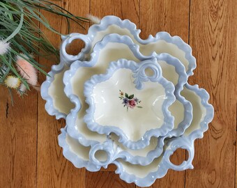 Set of 3 Gorgeous Nesting Bowls - Vintage Floral Design - periwinkle blue scalloped edge - Wall Collage - Vintage Decor- Mid Century ceramic