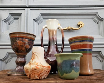 Set of 5 Vintage Pottery Pieces - Nemadji - Neher - Smith - Vintage Pottery Set - vases, cups, creamer, gobblet- glazed pottery - Clay art