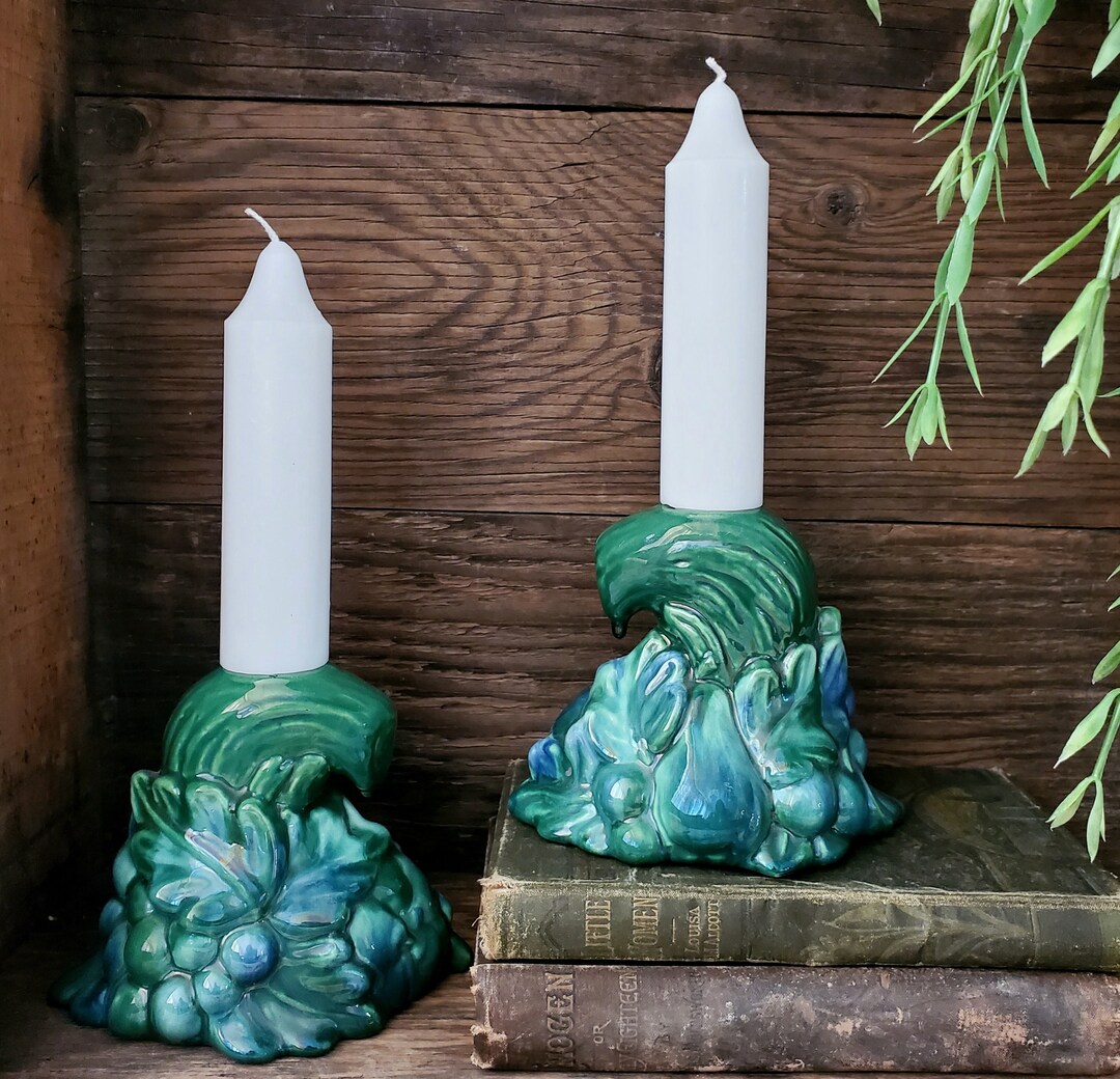Vintage Drip Glazed Candlesticks Blue Green Ceramic Candle Holders