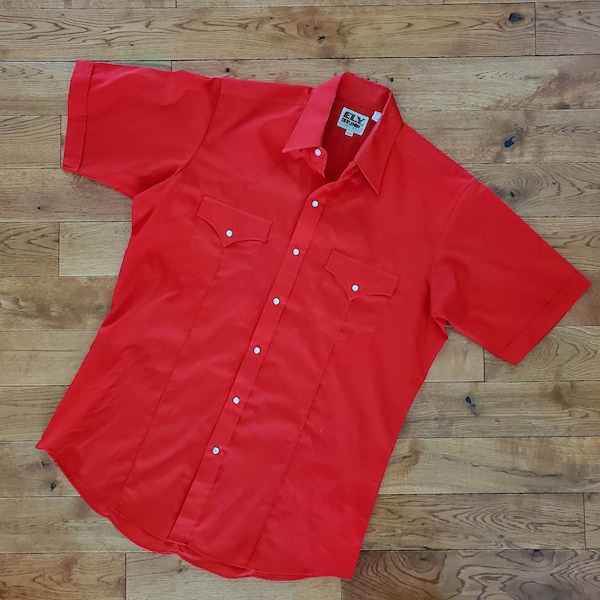 Vintage Ely Cattleman Pearl Snap Button-Up Western Shirt - True Red - polyester cotton blend - Vintage Rodeo Wear - cowboy shirt - 15.5