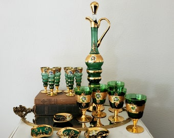 16 Piece Murano Glass Decanter Set - Barware - ashtrays - Shot glasses - Goblets - Green and Gold Murano - Made in Italy - hand painted