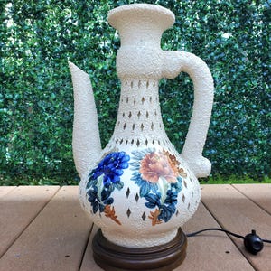 Vintage Blanc de Chine Porcelain Lamp - Pitcher - Floral - Reticulated Tea Pot Lamp - 16" tall - Working table Lamp- Unique Decor