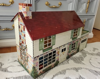 1950's Marx Tin Litho Dollhouse - Walt Disney Edition - two story metal Dollhouse with garage addition -car included -41 pieces of furniture