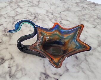 Vintage Hand-blown Glass Swan - colorful art glass - candy dish - trinket dish - Bowl - ashtray - rainbow swirl glass - Mid Century - Blue