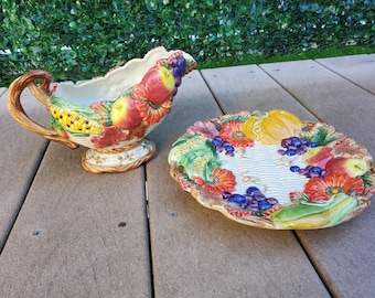Vintage Fitz & Floyd Autumn Bounty Gravy Boat and Plate - Serving Pieces - Cornucopia - 90's kitchen decor - dining - Fall Tablescape