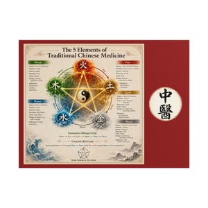 Póster enrollable de los Cinco Elementos de la Medicina Tradicional China / Diagrama de la MTC, Yin Yang, Ciclo de los Elementos