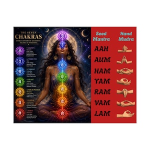 Op de afbeelding: Een illustratie van de zeven chakra's met een centrale figuur in een meditatieve pose. Elke chakra wordt vertegenwoordigd door een gekleurde cirkel en bijbehorende informatie. De tekst beschrijft energiecentra, uitlijning en balans.