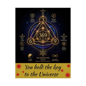 May include: A spiritual art print featuring the numbers 3, 6, and 9 within a geometric design. The artwork includes text such as "The Divine Code" and "You hold the key to the Universe" with a gold and black color scheme.