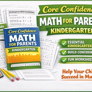 Könnte beinhalten: Bild von Lernmaterialien für Mathematik im Kindergarten. Es enthält ein Buch mit dem Titel "Core Confidence MATH for Parents", Arbeitsblätter, einen Taschenrechner, Bleistifte und Büroklammern. Der Text lautet "Essential Kindergarten Math!" und "Hilf deinem Kind, in Mathe erfolgreich zu sein!"