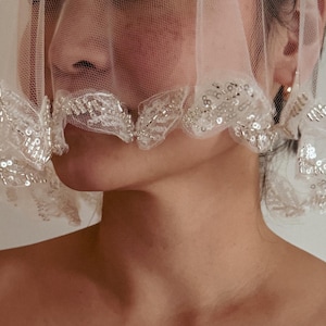 Chic Beaded Leaves Micro Veil | Hand-Sewn Modern Botanical Bridal Veil