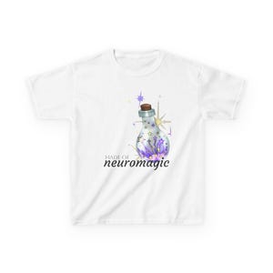 May include: White t-shirt featuring a whimsical illustration of a potion bottle with a cork stopper. The bottle is filled with purple and yellow stars and the text "made of neuromagic".