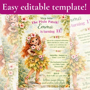 May include: A fairy-themed invitation template. The design features a cartoon fairy with red hair and a floral dress. The text reads "Emma is turning 11!" and includes event details for a birthday celebration.