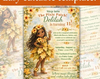 Faire-part d'anniversaire fille noire fée, invitation d'anniversaire florale pour fête de lutin en toile modifiable