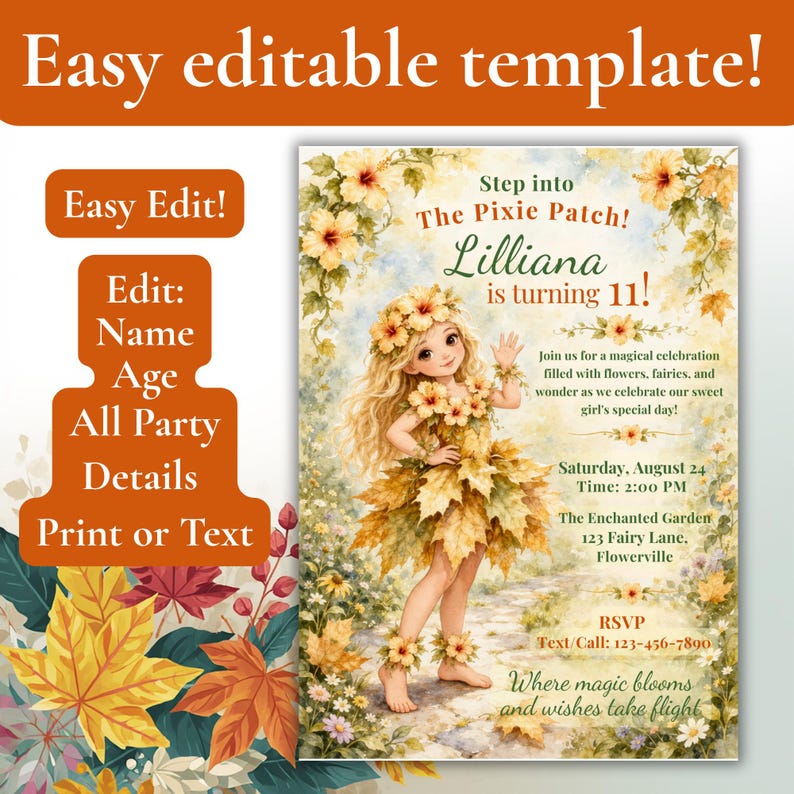 Peut inclure: Une invitation d'anniversaire personnalisable avec une illustration de f&eacute;e dans une robe de feuilles. Le texte "Step into The Pixie Patch! Lilliana is turning 11!" et les d&eacute;tails de la f&ecirc;te sont inclus.
